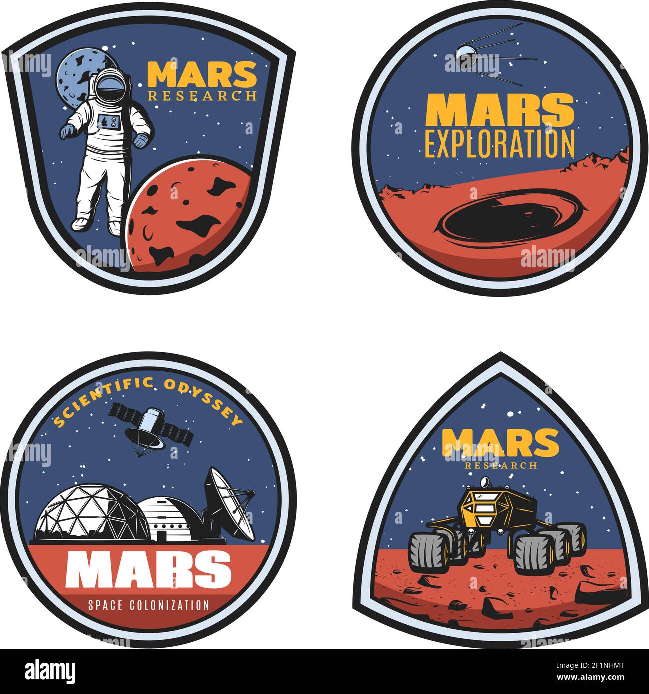 Emblemi colorati di ricerca delle Marte d'epoca con astronauta Illustrazione Vettoriale