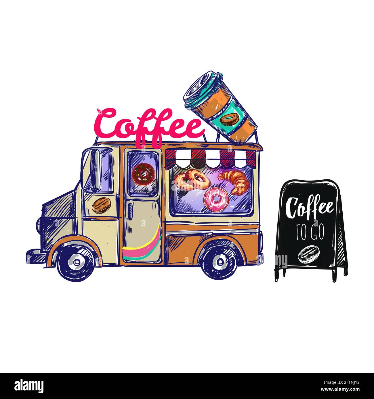 Caffè colorato composizione all'aperto con coffee furgone e caffè per passare all'illustrazione vettoriale della lavagna nera Illustrazione Vettoriale