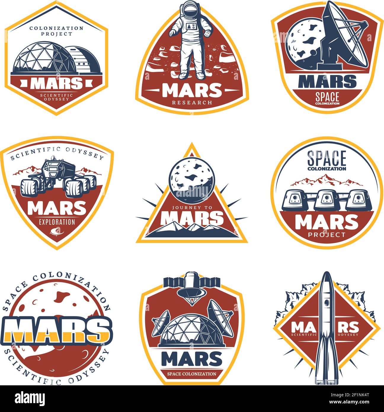 Etichette spaziali vintage colorate con iscrizioni Mars esplorazione Illustrazione Vettoriale