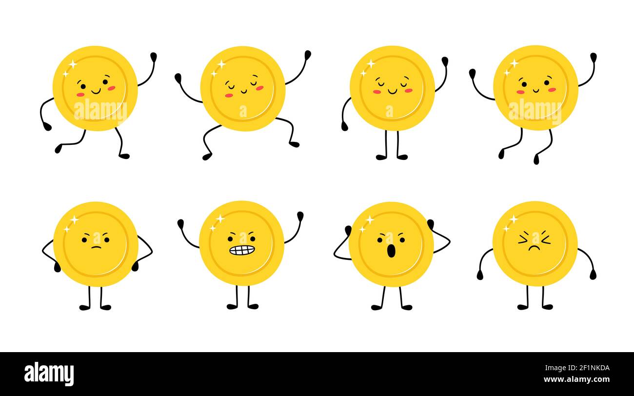 Carino moneta d'oro in diverse pose. Moneta corre, salta, è felice, triste, arrabbiato. Illustrazione Vettoriale