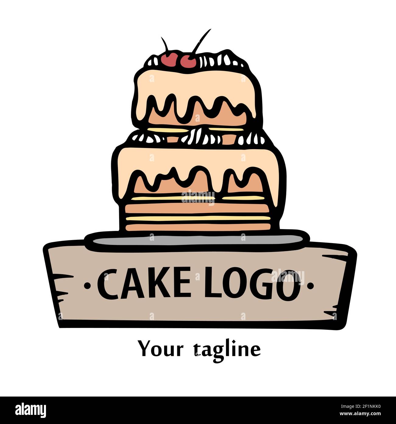 Logo da forno. Illustrazione vettoriale disegnata a mano della torta. Emblema della linea di torta Illustrazione Vettoriale