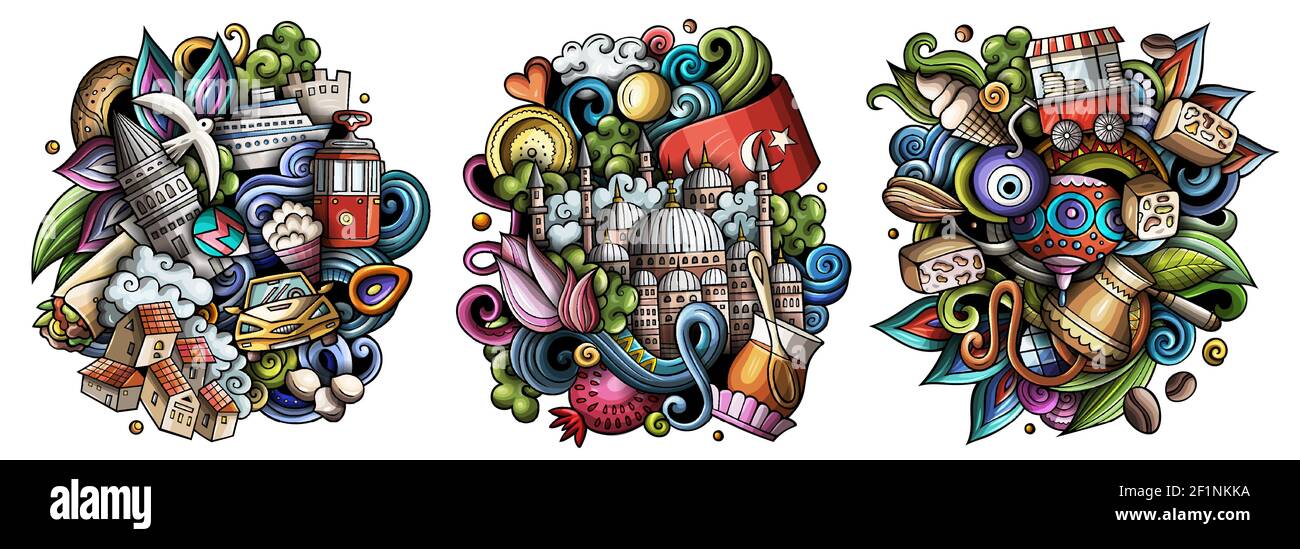 Istanbul cartoon vettore doodle disegni set. Composizioni colorate e dettagliate con molti oggetti e simboli turchi. Isolato su illustrazioni bianche Illustrazione Vettoriale