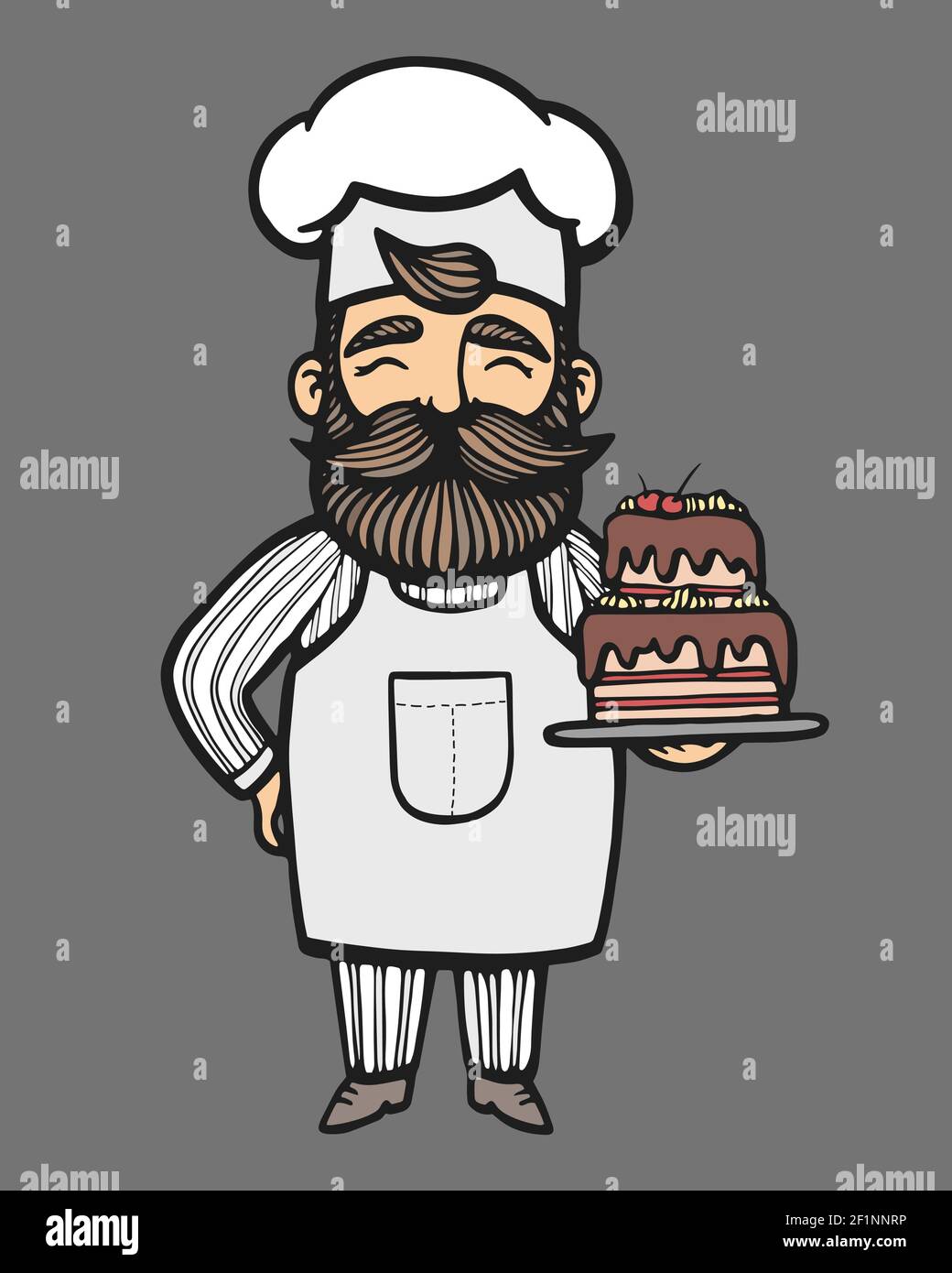 Panificio. Illustrazione vettoriale disegnata a mano dello chef-cuocitore con baffi e torta. Logo della torta dello chef. Logo dolciario Illustrazione Vettoriale
