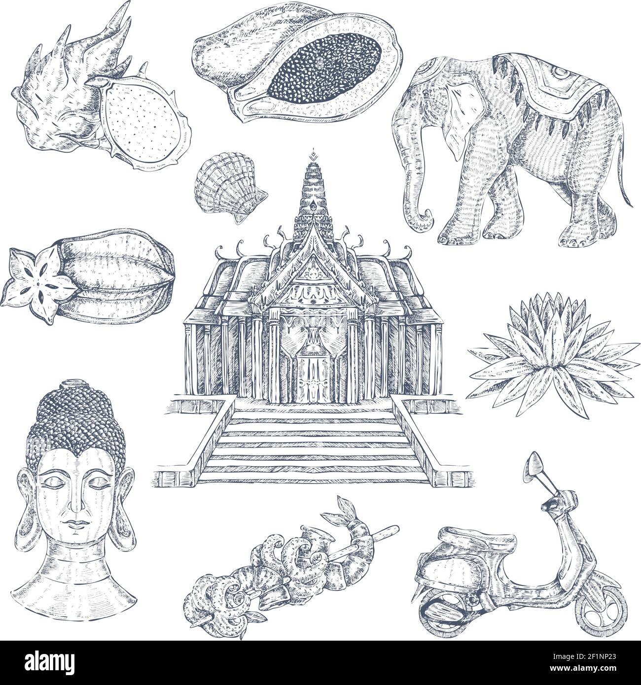 Simboli thailandesi monocromatici disegnati a mano con immagini isolate di decorazioni thailandesi tempio elefante e blockhead illustrazione vettoriale Illustrazione Vettoriale