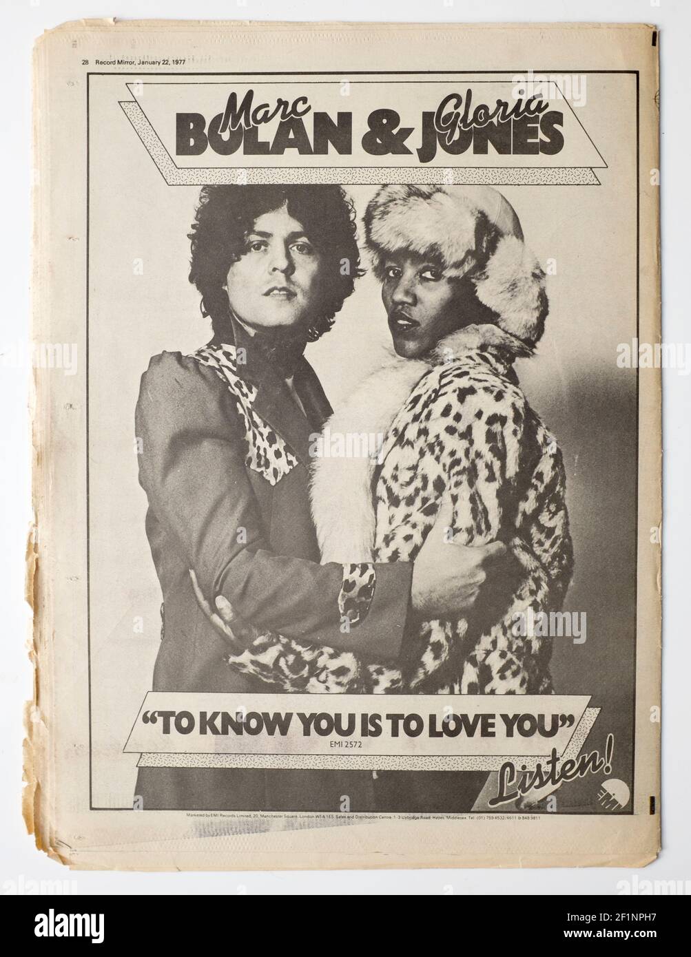 Annuncio per Marc Bolan e Gloria Jones nel record del 1977 Rivista Specchia Foto Stock
