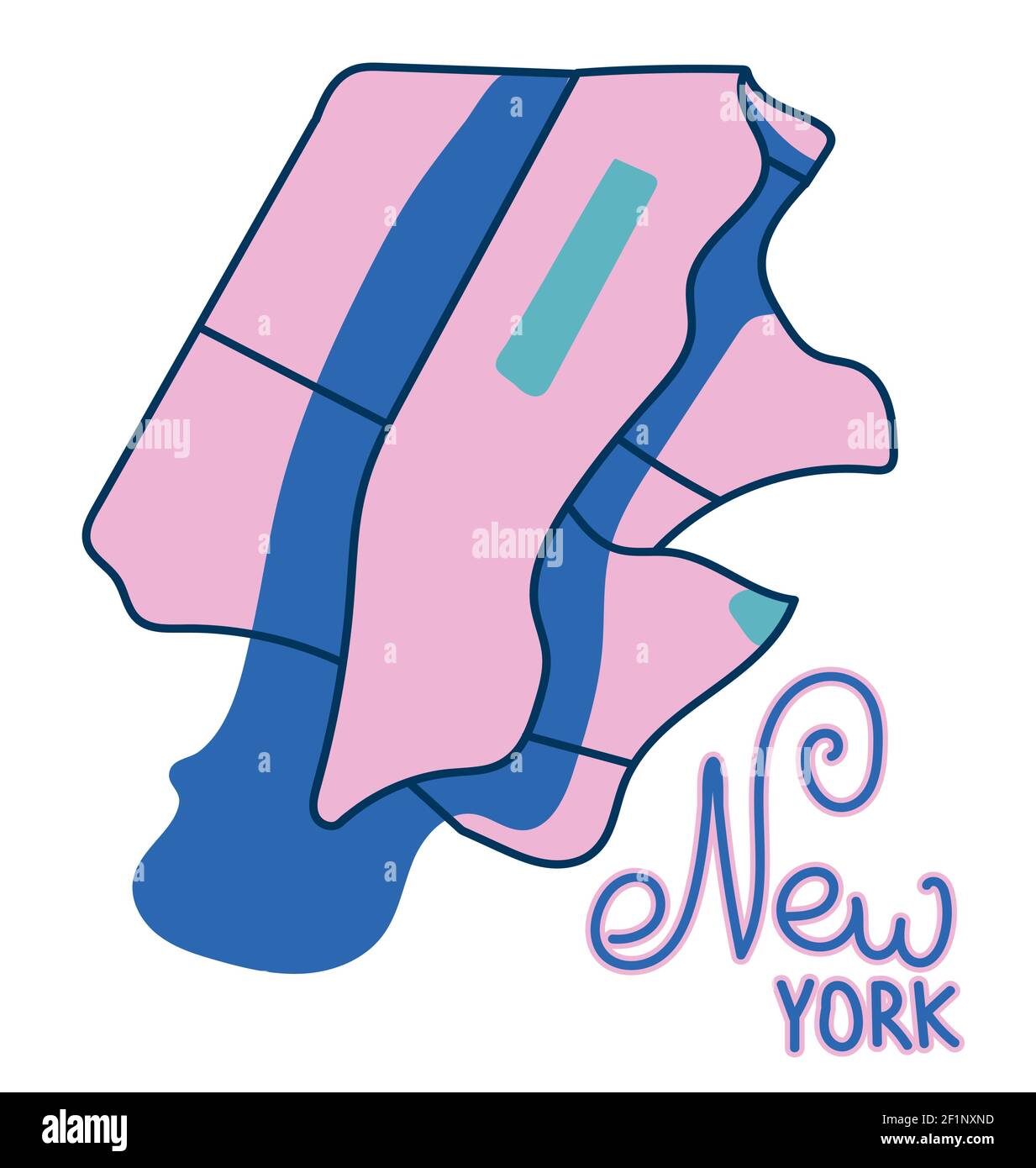 Cartoon colorata mappa piatta del centro di New York, Manhattan. Divertente e carina mappa della città degli Stati Uniti. Viola e blu Wuth verde Central Park. Illustrazione vettoriale Illustrazione Vettoriale