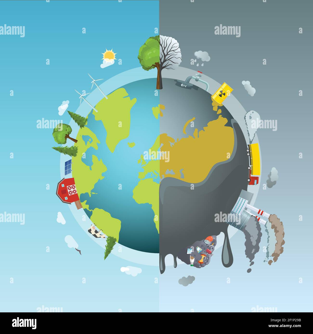 Cerchio ecologia composizione con stile cartoon disegnato globo terrestre diviso in due metà pulire e inquinato illustrazione vettoriale Illustrazione Vettoriale