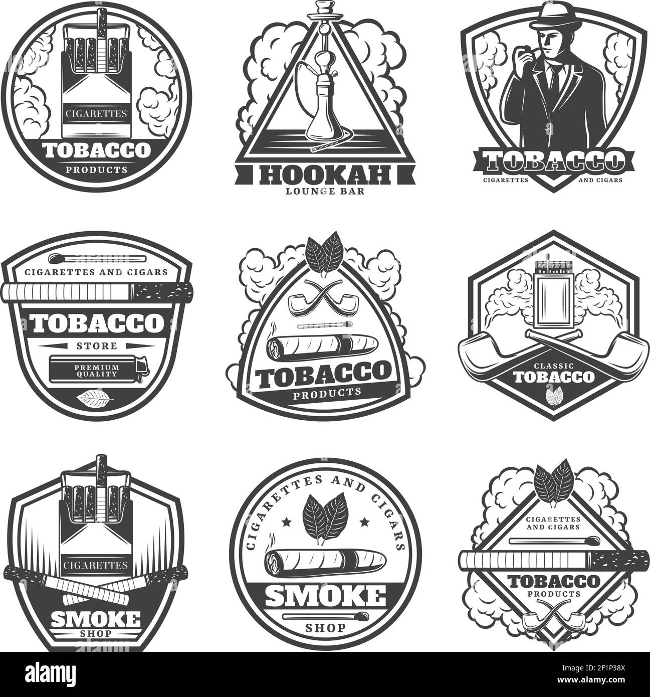 Set di etichette per fumo monocromatiche d'epoca con tubi di hookah per sigarette uomo corrisponde alle foglie di tabacco accendisigari illustrazione vettoriale isolata Illustrazione Vettoriale