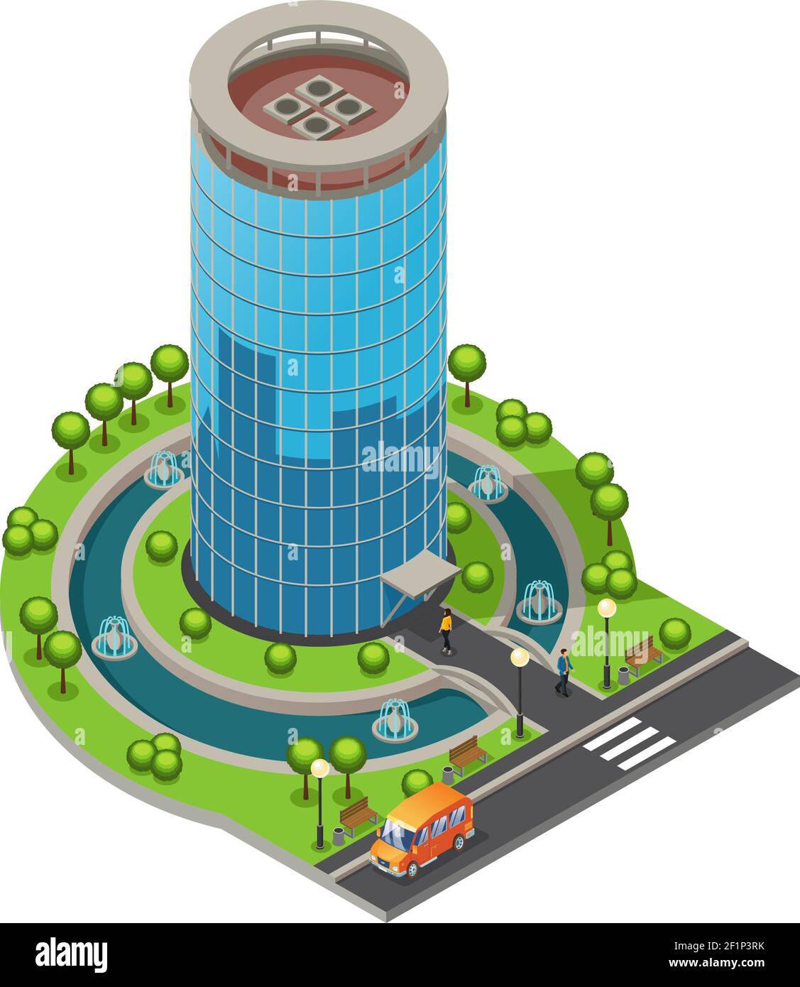 Edificio di uffici in vetro moderno e isometrico con strade per persone in camion alberi fontane isolato vettore illustrazione Illustrazione Vettoriale