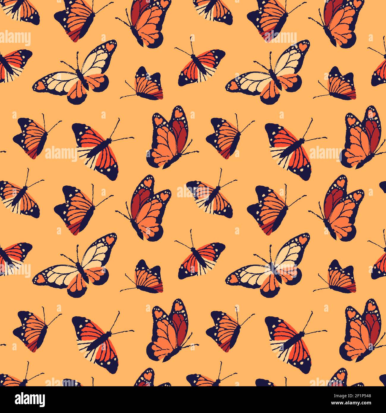Monarch Butterfly senza cuciture. Belle farfalle disegnate a mano su sfondo di colore arancione. Decorazione primaverile, delicato disegno della carta da parati. Illustrazione Vettoriale