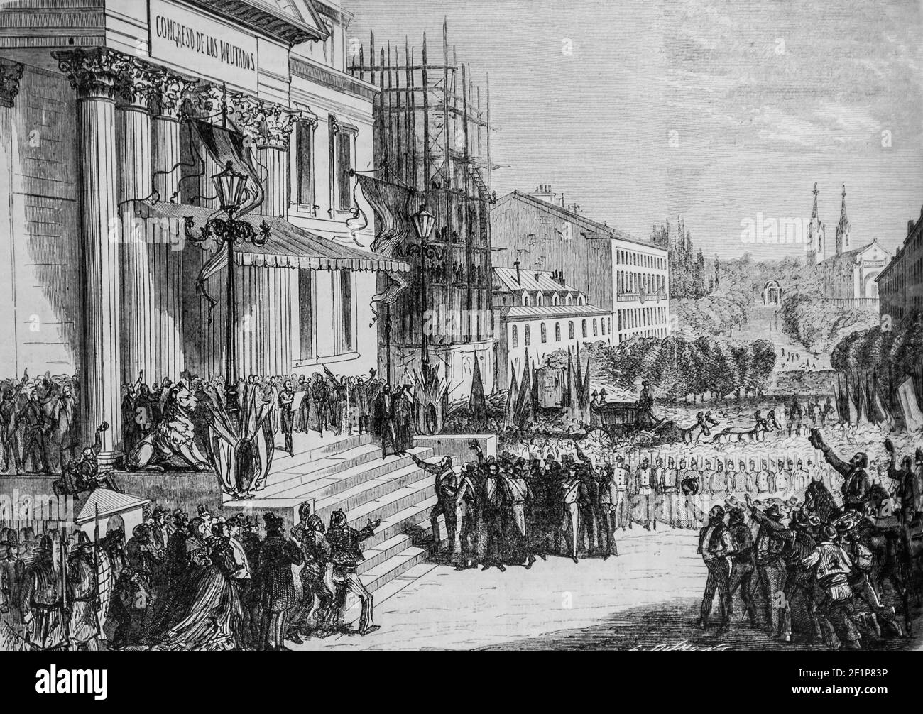 evenemen ts d'espagne lecture de la constiture devant le palais des cortes a madrid, l'univers illustre,editeur michele levy 1869 Foto Stock