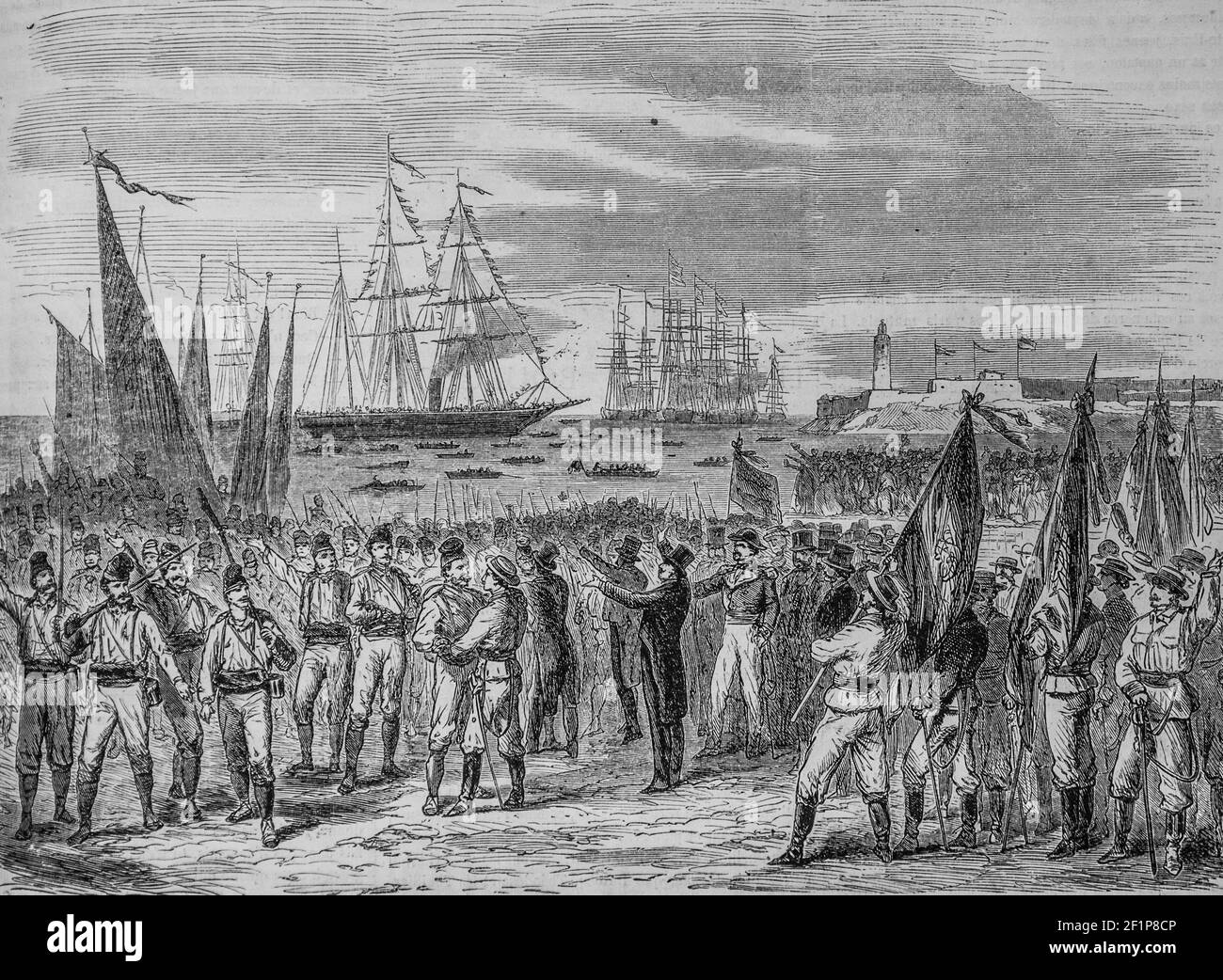 evenements de cuba debarquement des volontaires catalans a la havane, l'univers illustre,editeur michele levy 1869 Foto Stock