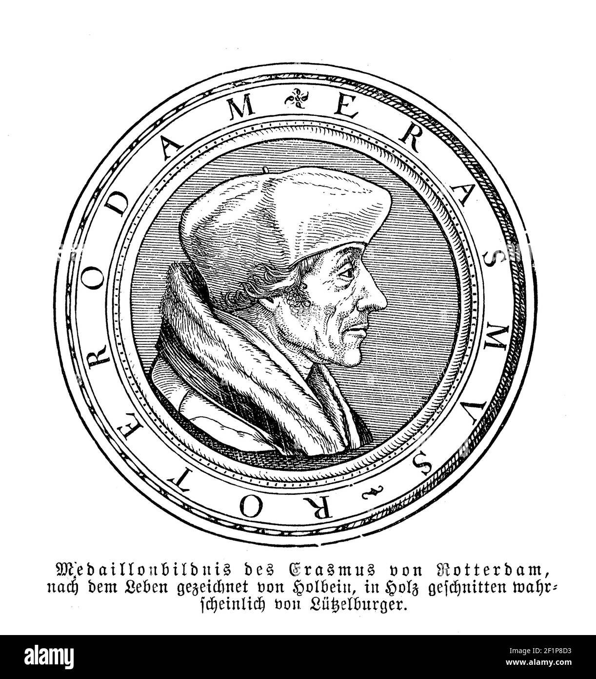 Medaglione con il ritratto di Erasmo di Rotterdam (1466-1536), filosofo olandese e studioso del Rinascimento Foto Stock