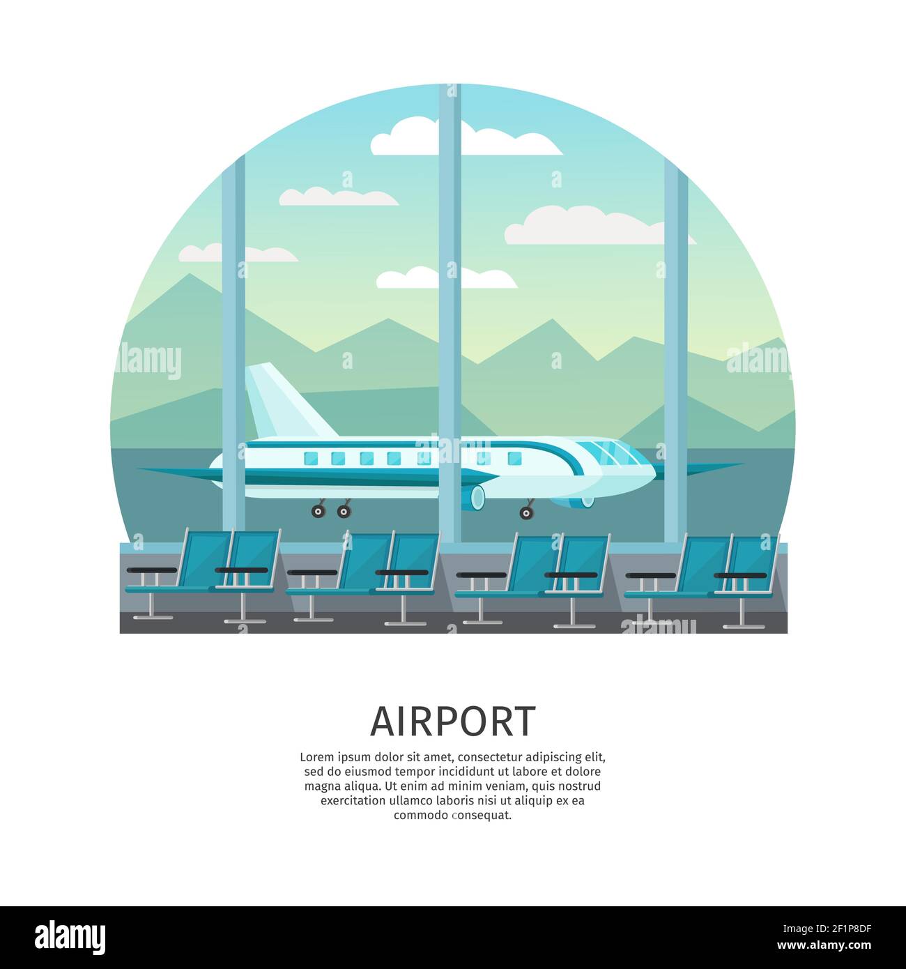 Design ortogonale interno aeroporto con sala d'attesa e vista da immagine vettoriale della finestra sul campo d'aria Illustrazione Vettoriale