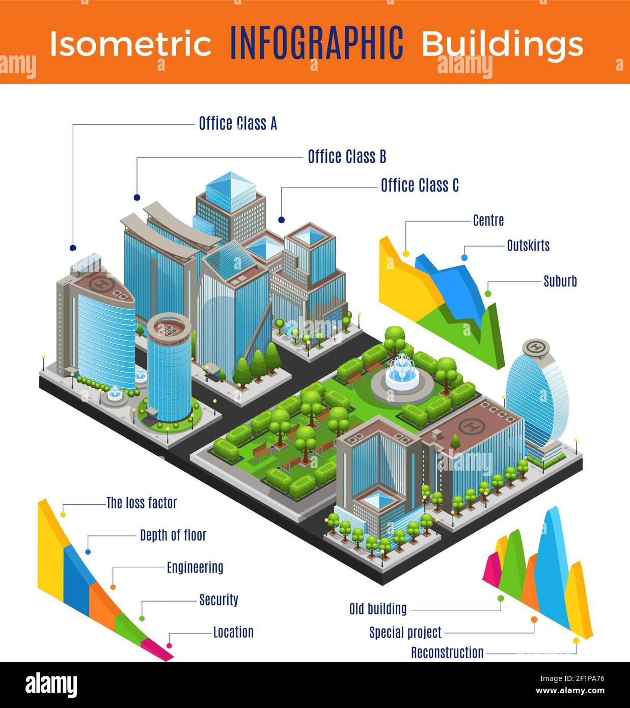 Concetto infografico isometrico della città moderna con diversi edifici per uffici parco illustrazione vettoriale di elipad e grafici Illustrazione Vettoriale