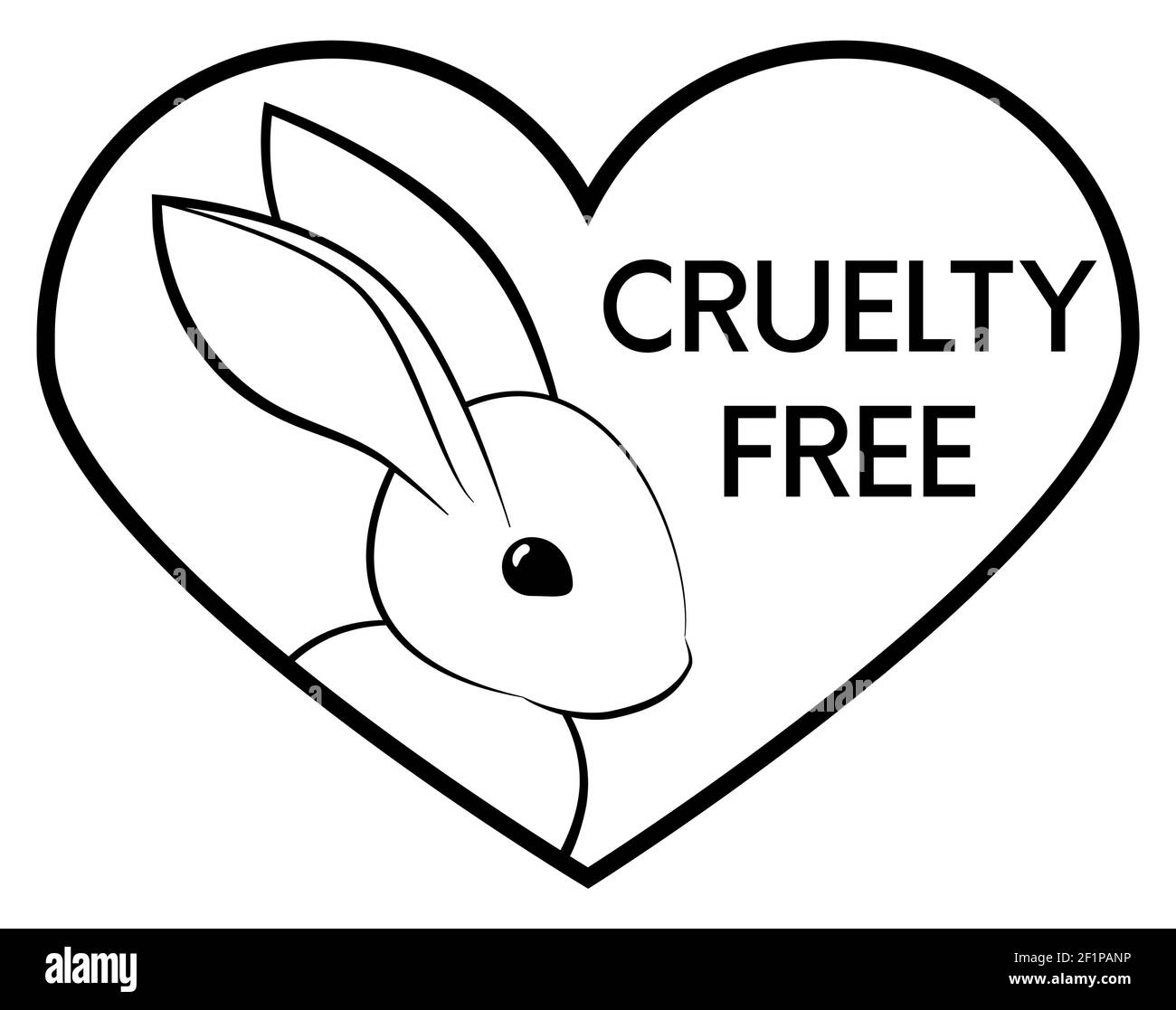 Simbolo a forma di cuore senza crudeltà con simbolo di coniglio. Icona non testato su animali. Immagine Vector monocromatica nera. Illustrazione Vettoriale
