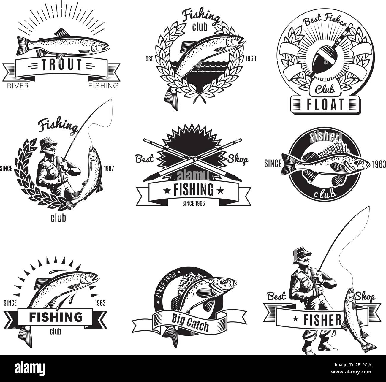 Set di nove etichette da pesca monocromatiche isolate con vecchio stile decorazioni didascalie pesci e affrontare icone illustrazione vettoriale Illustrazione Vettoriale