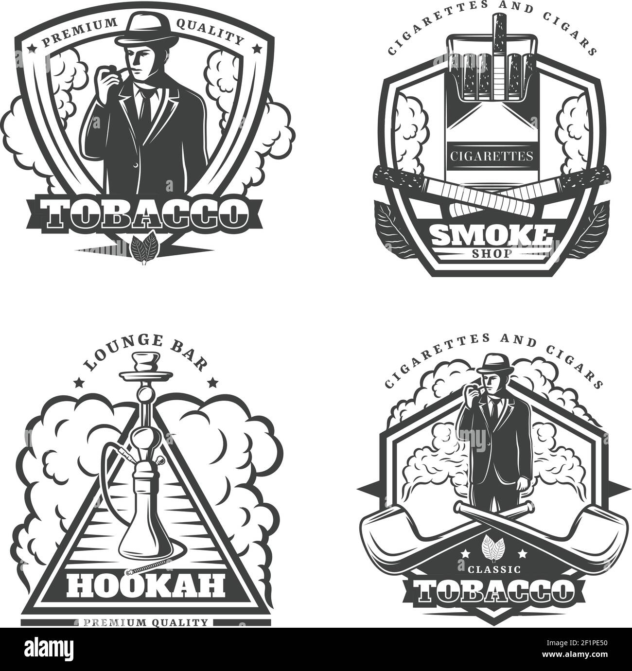Emblemi di fumo monocromo vintage con iscrizioni fumatore sigarette incrociate tubi hookah isolato vettore illustrazione Illustrazione Vettoriale