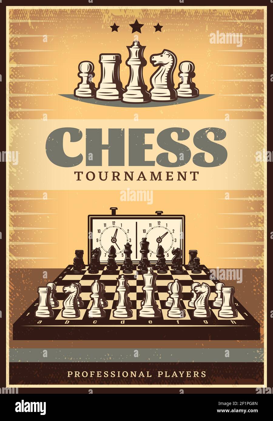 Poster del concorso di scacchi d'epoca con lettere figurine sulla scacchiera  prima illustrazione vettoriale di gioco e orologio Immagine e Vettoriale -  Alamy