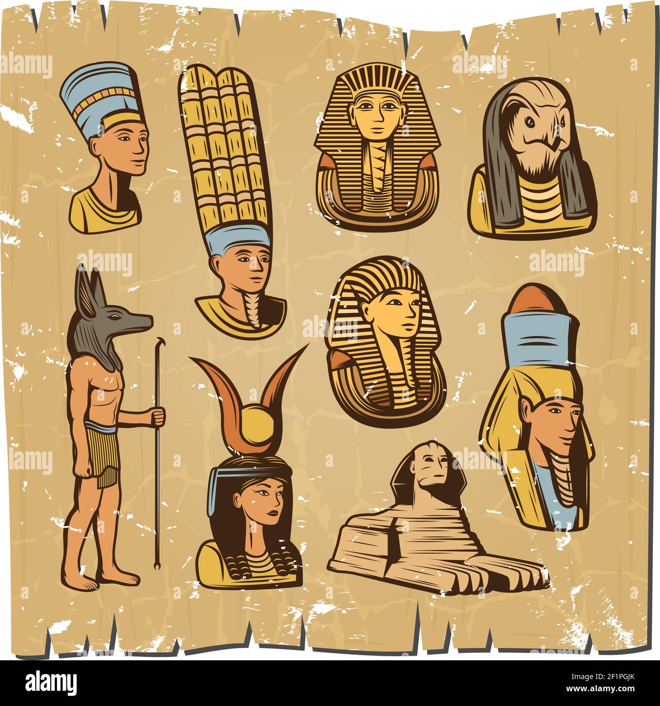 Collezione di antichi elementi egiziani colorati d'epoca con le dea del dio faraone sphinx su carta pergamena illustrazione vettoriale isolata Illustrazione Vettoriale