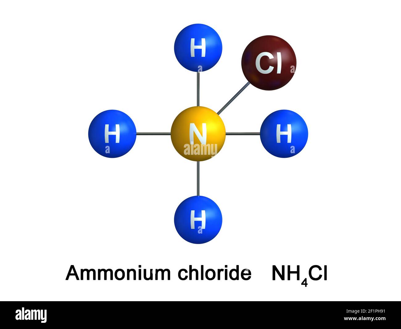 Rappresentazione 3d della struttura molecolare del cloruro di ammonio isolato su sfondo bianco. Gli atomi sono rappresentati come sfere con colore e simbolo chimico Foto Stock