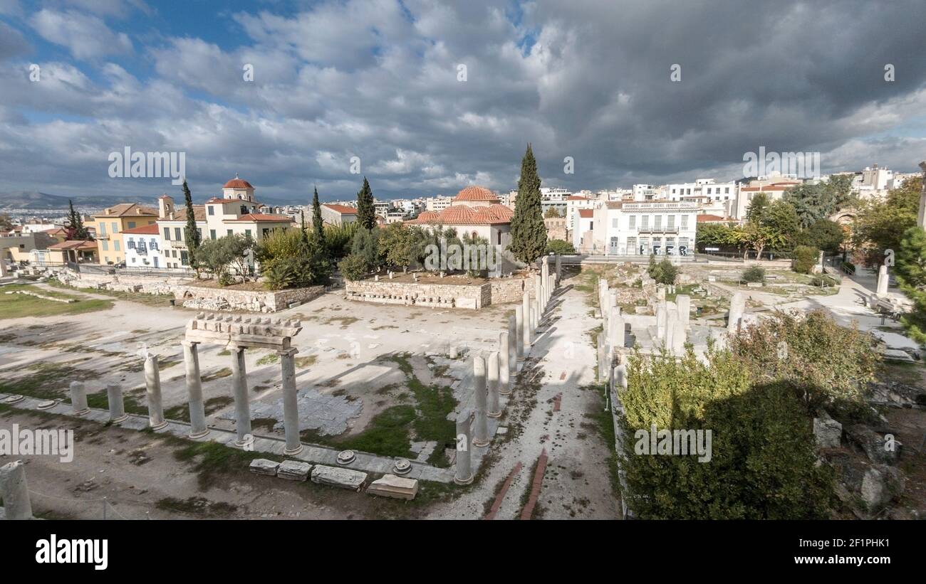 Agora Romana, uno dei siti archeologici più importanti ed emblematici di Atene, Grecia, Europa. Foto Stock