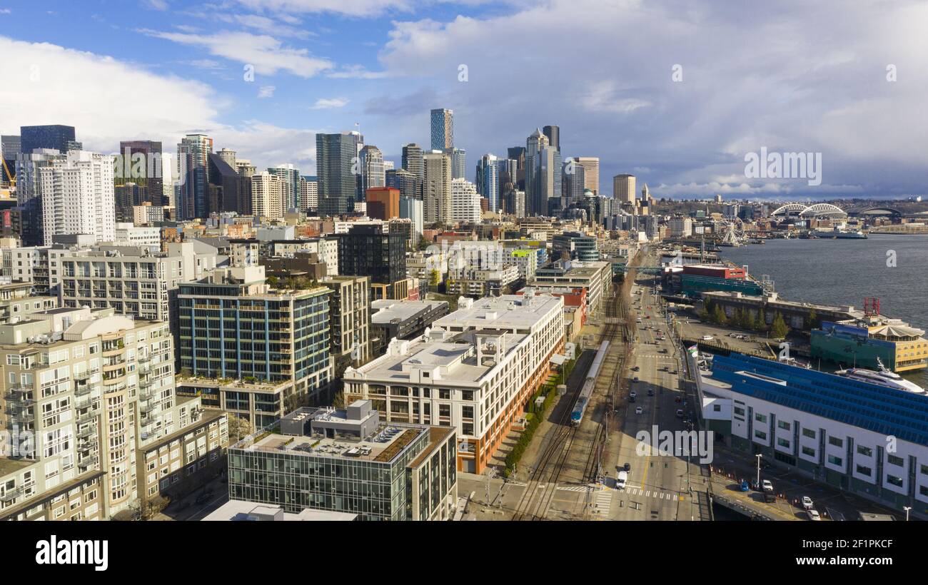 Seattle Washington Downtown Waterfront desolato scena Corona Virus quarantena Foto Stock