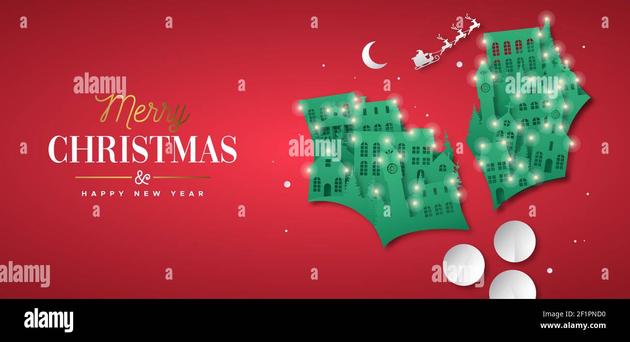 Allegro Natale felice anno nuovo banner illustrazione della città d'inverno 3D papercut in xmas mistletoe forma foglia. Taglio di carta scolpita realistico con f Illustrazione Vettoriale
