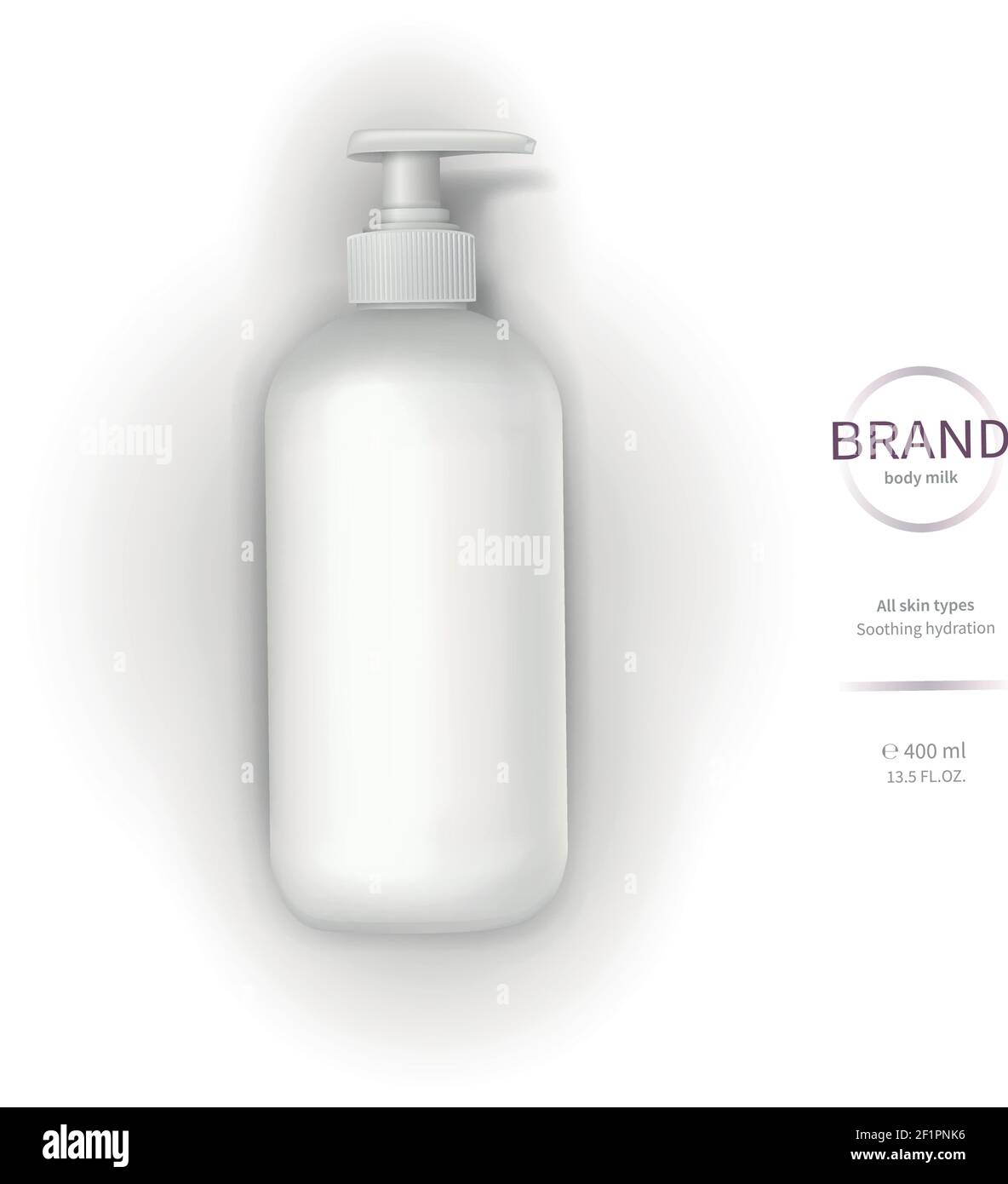 Modello per contenitori cosmetici Vector Realistic, flacone in plastica bianca con dispenser, pompa ed etichetta del marchio isolato su sfondo bianco. Cosmetici per la cura della pelle, crema, lozione, sapone liquido o schiuma da bagno Illustrazione Vettoriale