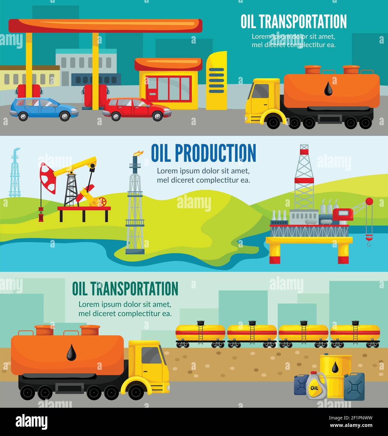 Striscioni orizzontali colorati per l'industria petrolifera con trasporto per la produzione di estrazione dell'olio e illustrazione del vettore di distribuzione Illustrazione Vettoriale