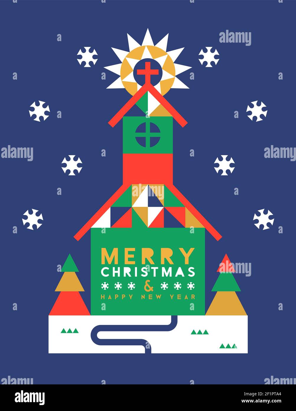 Buon Natale felice Capodanno biglietto di benvenuto illustrazione di arte popolare retro edificio chiesa in pineta geometrica foresta. Tranquillo vigneto piatto winte Illustrazione Vettoriale