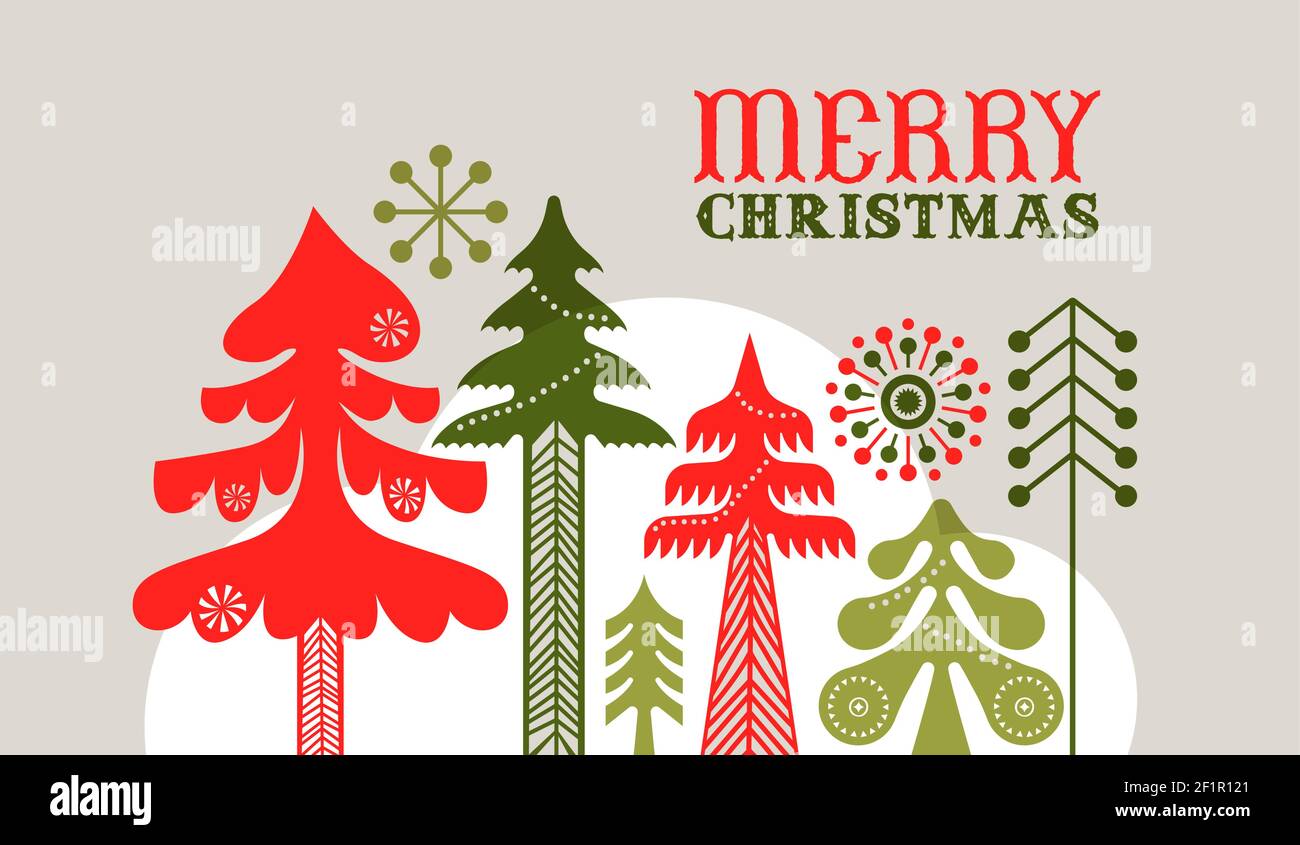 Allegro biglietto di auguri di Natale illustrazione di arte popolare tradizionale stile pineta foresta e decorazione invernale. Design geometrico vintage nordico per h. Illustrazione Vettoriale