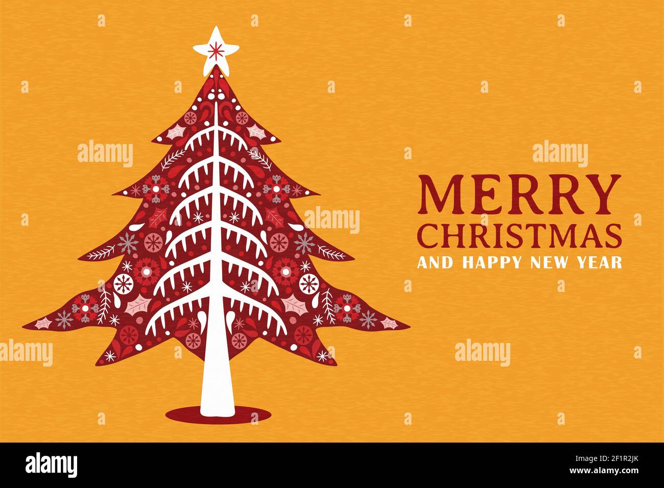 Buon Natale felice anno nuovo vintage cartolina di saluto popolare illustrazione. Festoso pino rosso in stile nordico tradizionale. Scheda stagione estiva con sc Illustrazione Vettoriale