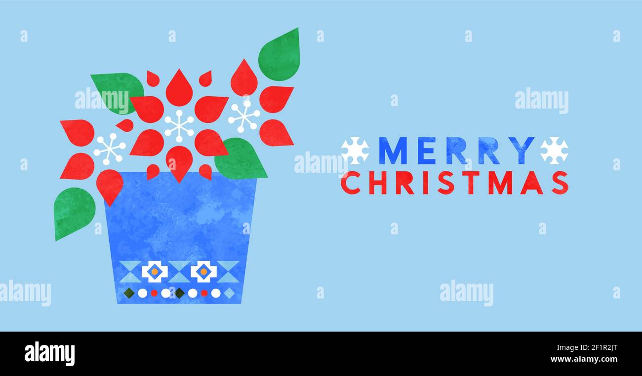 Allegro biglietto di auguri natalizi illustrazione di poinsettia fiore stile arte scandinava moderna con colorate forme acquerello. Desi geometrico astratto Illustrazione Vettoriale