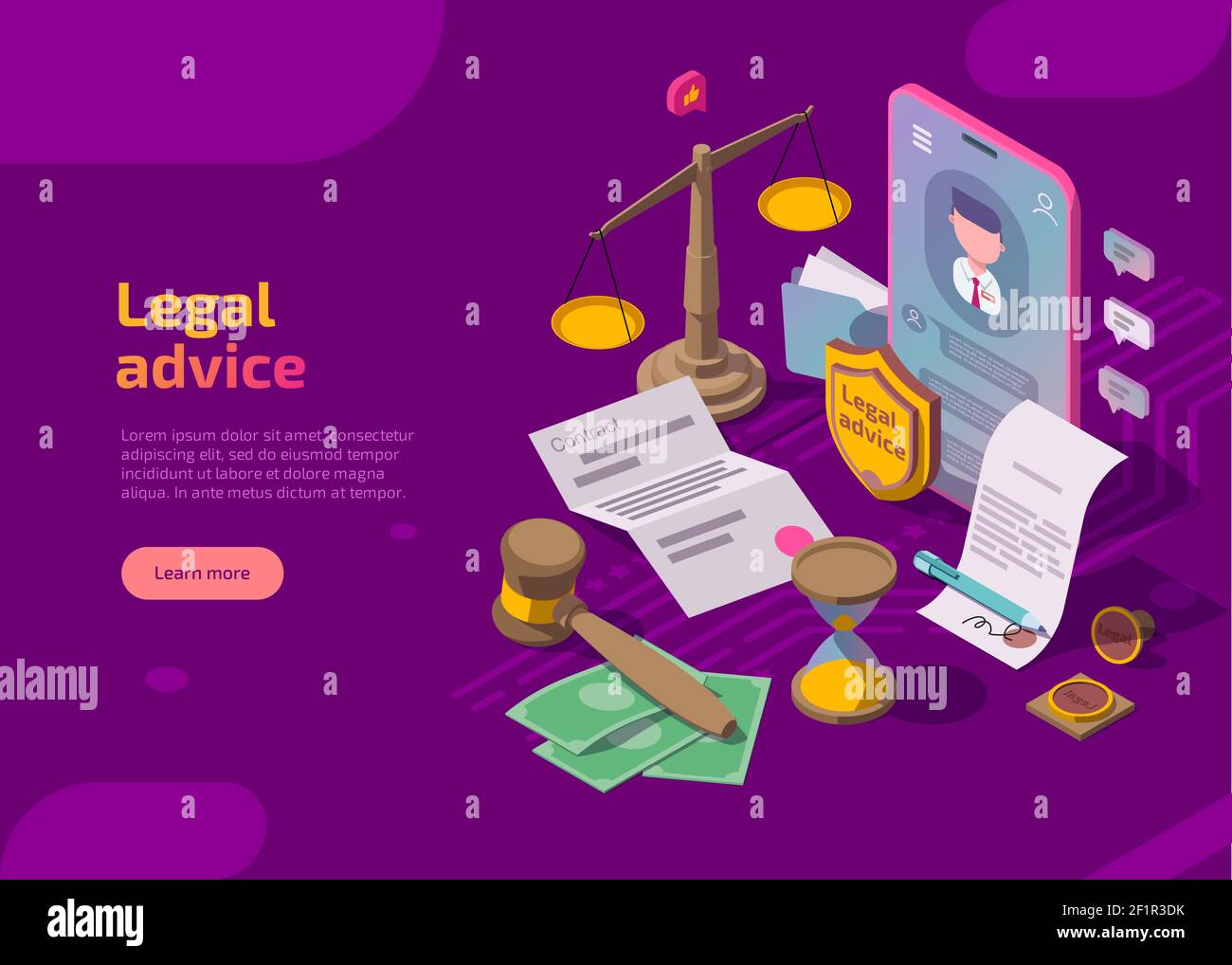 Banner di consulenza legale. Pagina web isometrica con bilancia, telefono, gavel, clessidra, sigillo e documenti. Assistenza legale online per questioni legali di regolamentazione, rispetto delle norme. Avvocato servizio Illustrazione Vettoriale