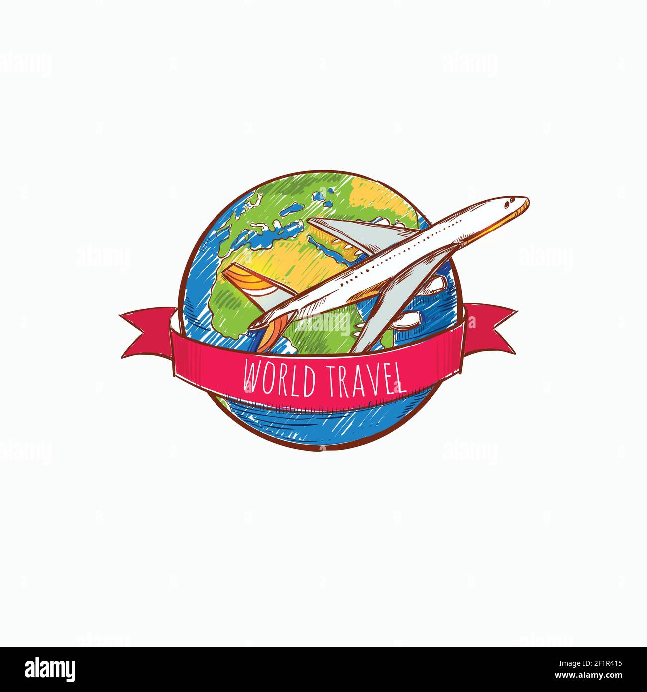 Modello da viaggio disegnato a mano con nastro colorato rosso terra e. illustrazione del vettore isolato di aeroplano volante Illustrazione Vettoriale