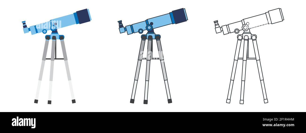 Set di icone telescopio piatto. Contorno oggetto Astronomia. Illustrazione vettoriale. Spyglass isolato su sfondo bianco. Illustrazione Vettoriale
