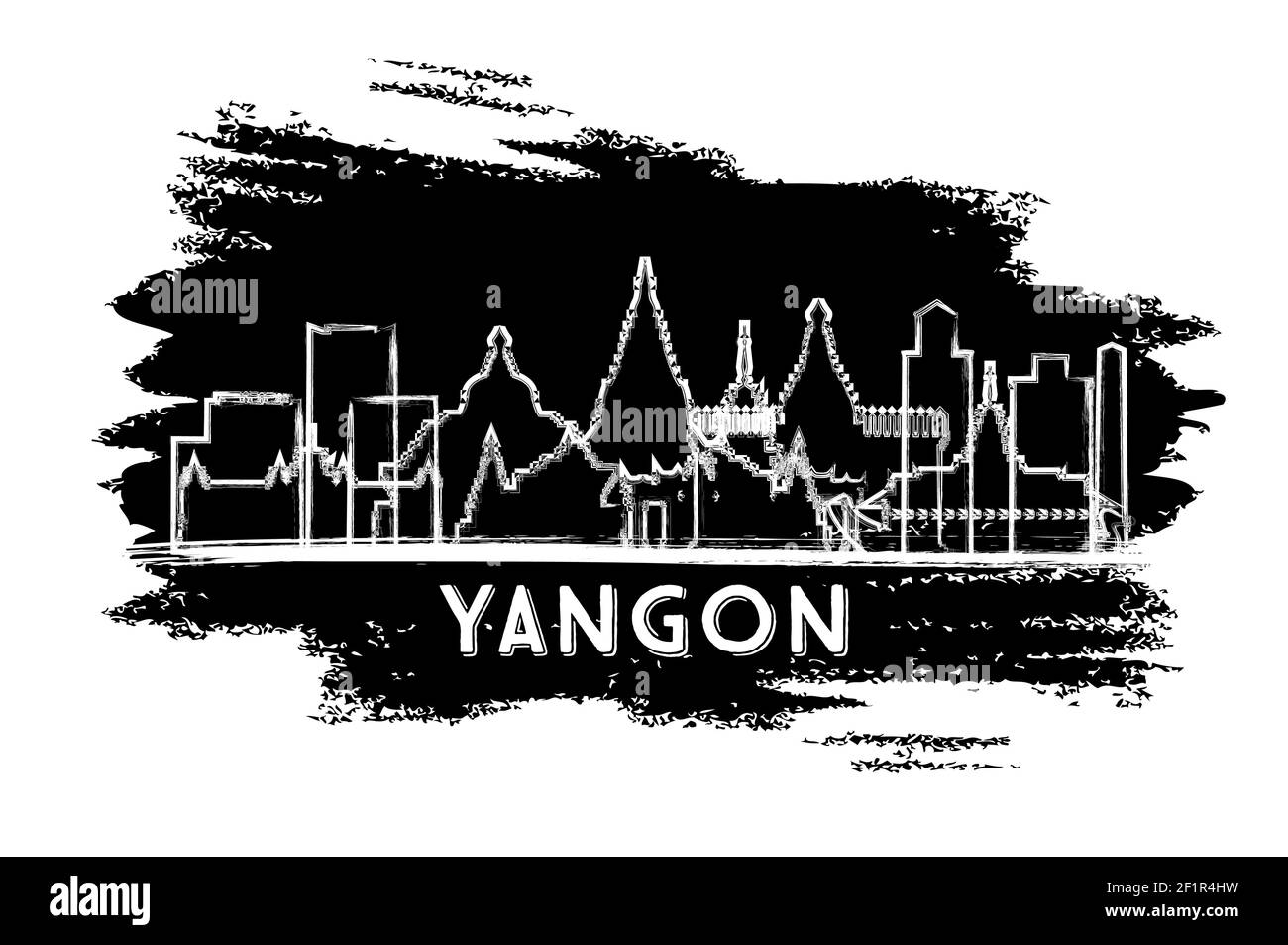 Yangon Myanmar City Skyline Silhouette. Schizzo disegnato a mano. Concetto di viaggio d'affari e turismo con architettura storica. Illustrazione vettoriale. Illustrazione Vettoriale