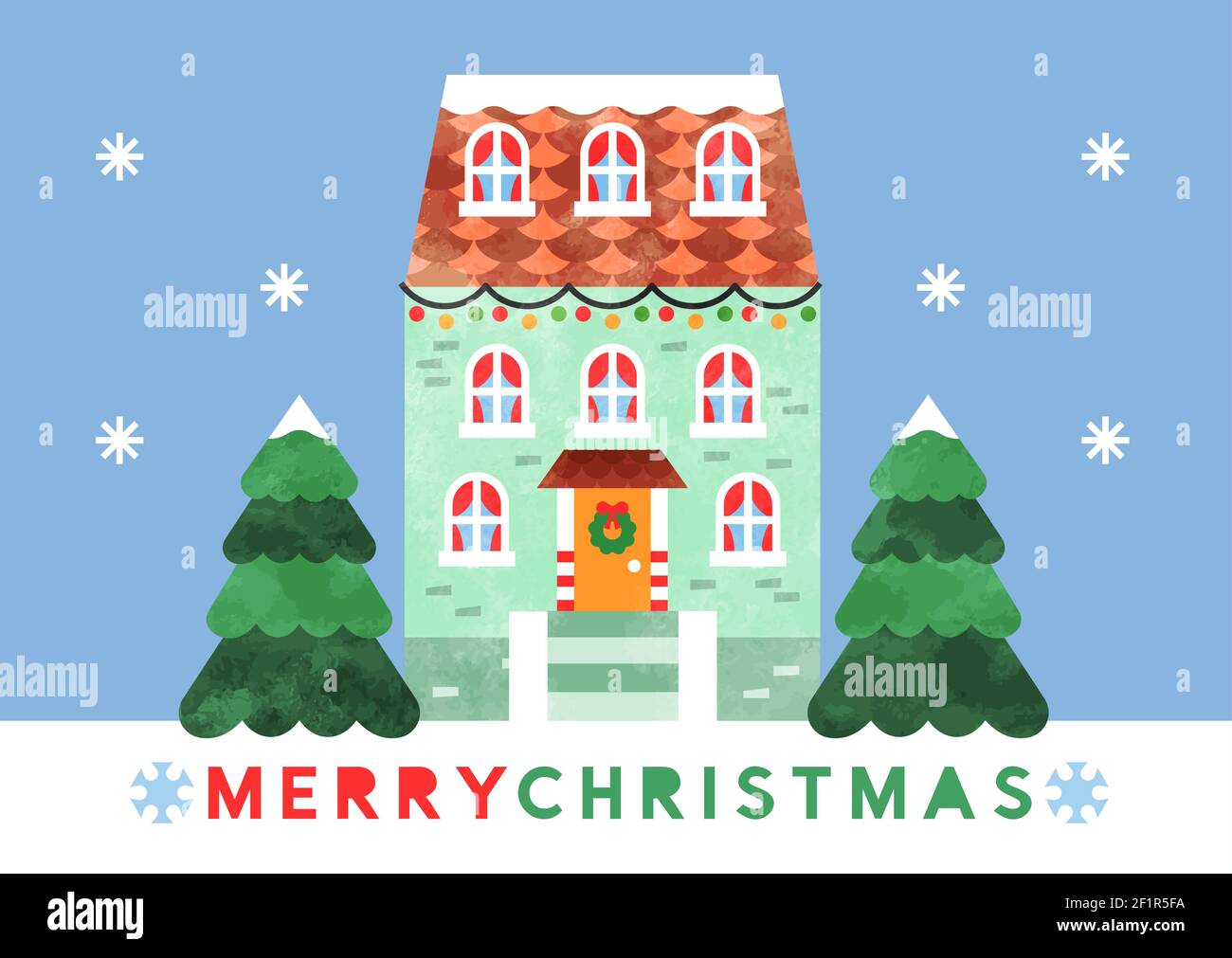 Allegro Natale biglietto d'auguri illustrazione, carino casa cartoon con Natale decorazione stagione e pino in stile geometrico moderno. Inverno wat Illustrazione Vettoriale