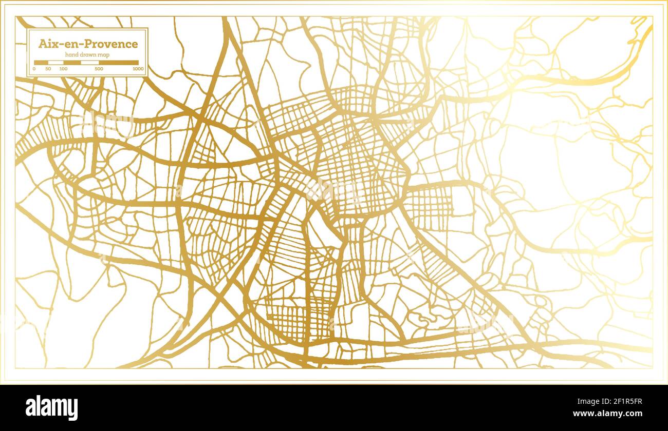 Aix en Provence France Mappa della città in stile retro in colore dorato. Mappa di contorno. Illustrazione vettoriale. Illustrazione Vettoriale