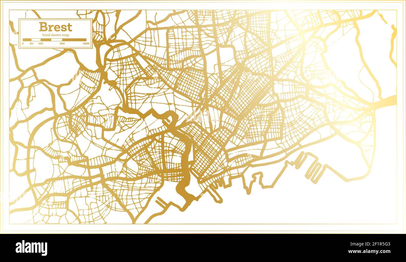 Mappa della città di Brest France in stile retro in colore dorato. Mappa di contorno. Illustrazione vettoriale. Illustrazione Vettoriale