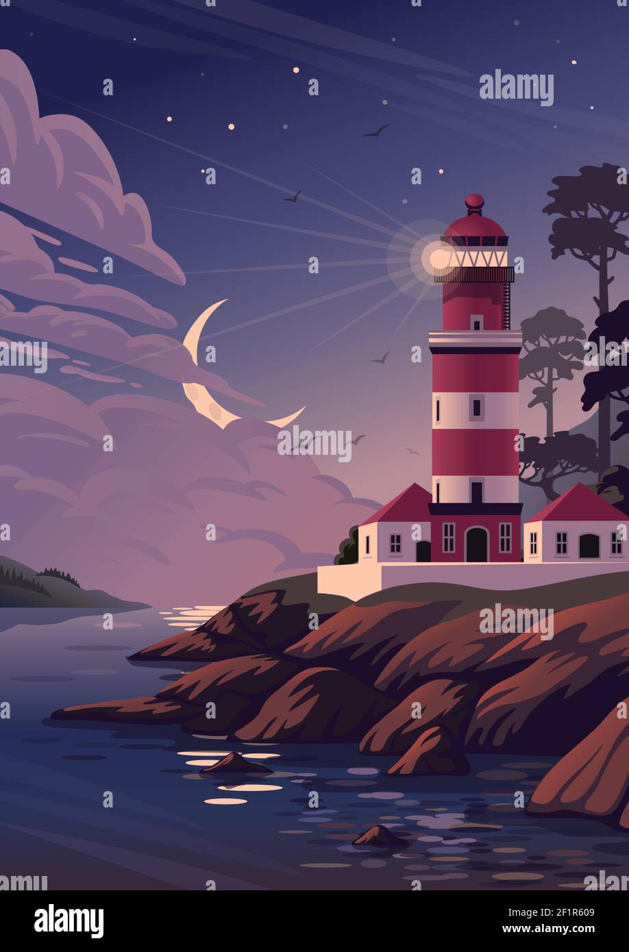 Faro - vettore paesaggio. Paesaggio marino con un faro sulla scogliera e mezzaluna nelle nuvole. Illustrazione vettoriale in stile cartoon piano. Illustrazione Vettoriale