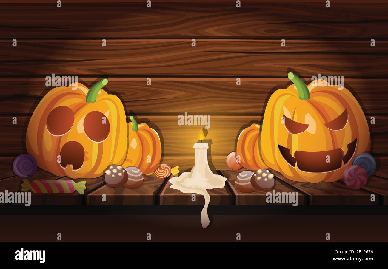 Composizione cartoon con zucche vari dolci halloween e candela su illustrazione vettoriale di sfondo di legno scuro Illustrazione Vettoriale