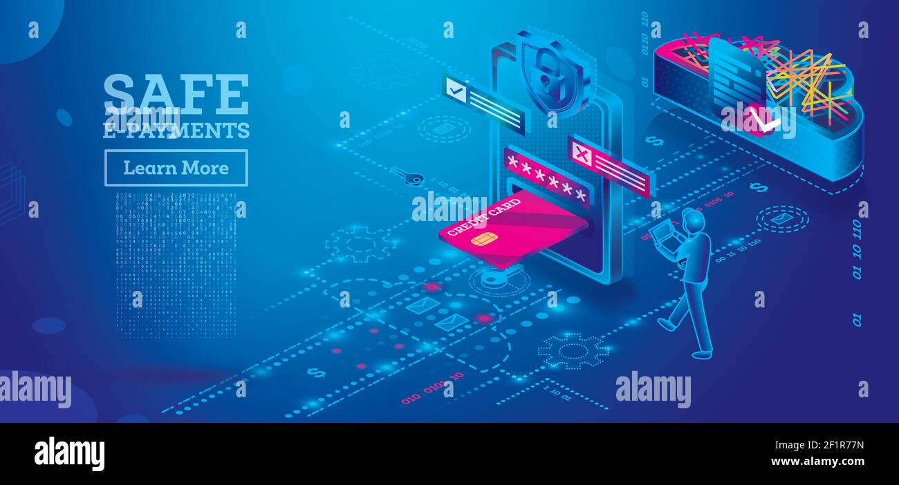 E-payments sicuri su smartphone o Tablet computer. Sicurezza informatica. Tecnologia cloud. Concetto isometrico con carta di credito. App finanziaria in Neon Colors. Illustrazione Vettoriale
