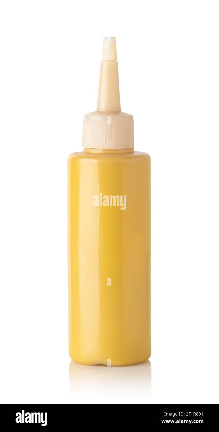 Bottiglia di senape su sfondo bianco Foto Stock