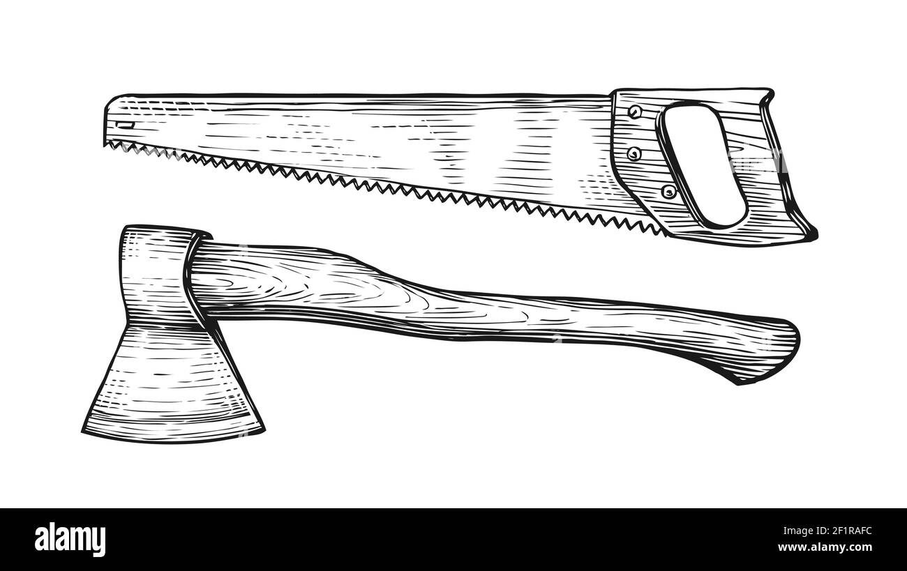 AX e lo schizzo della sega. Attrezzi di carpenteria in stile d'incisione vintage Illustrazione Vettoriale