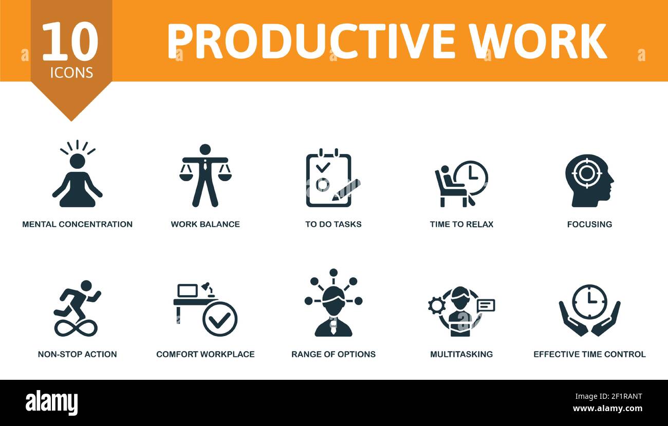 Set di icone per il lavoro produttivo. Contiene icone modificabili tema di lavoro produttivo come bilanciamento del lavoro, tempo di relax, azione non-stop e altro ancora. Illustrazione Vettoriale