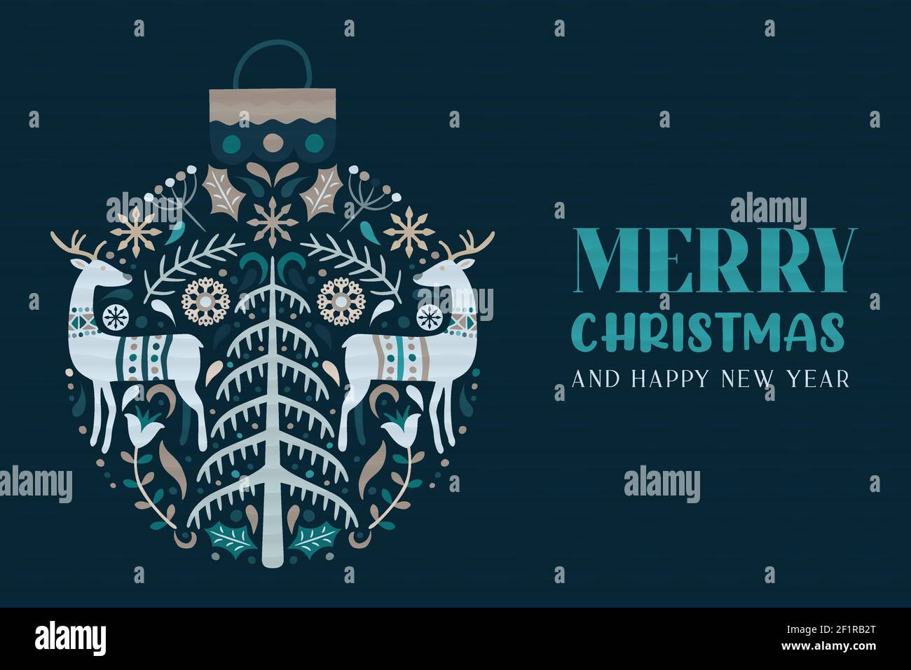 Allegro Natale felice anno nuovo biglietto d'auguri illustrazione. Arte scandinava tradizionale con decorazioni invernali disegnate a mano. Reind nordico d'epoca Illustrazione Vettoriale