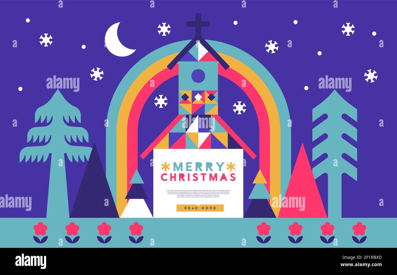 Buon Natale web template illustrazione di arte popolare moderna edificio chiesa in pineta con decorazione mosaico di colore neon. Tranquillo carrello piatto Illustrazione Vettoriale