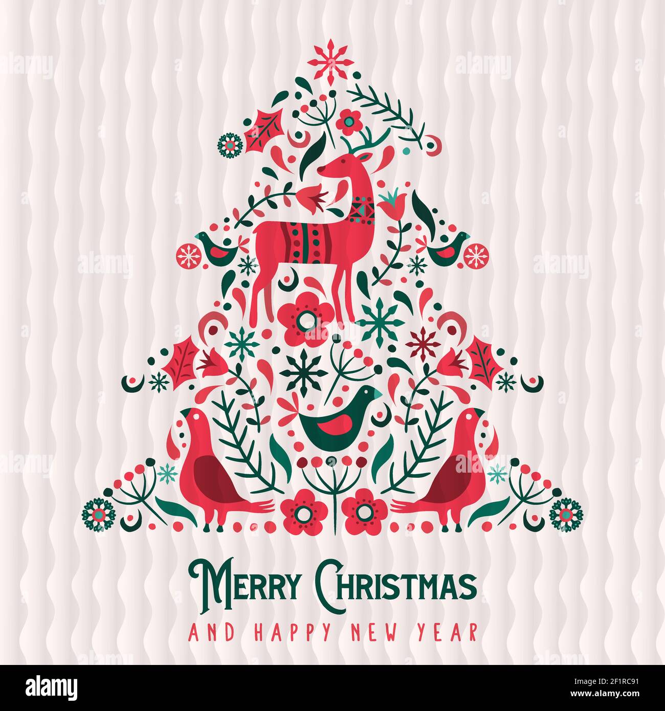 Allegro Natale felice anno nuovo biglietto d'auguri illustrazione. Tradizionale pineta d'arte scandinava con decorazioni invernali disegnate a mano. Vintage nordic re Illustrazione Vettoriale